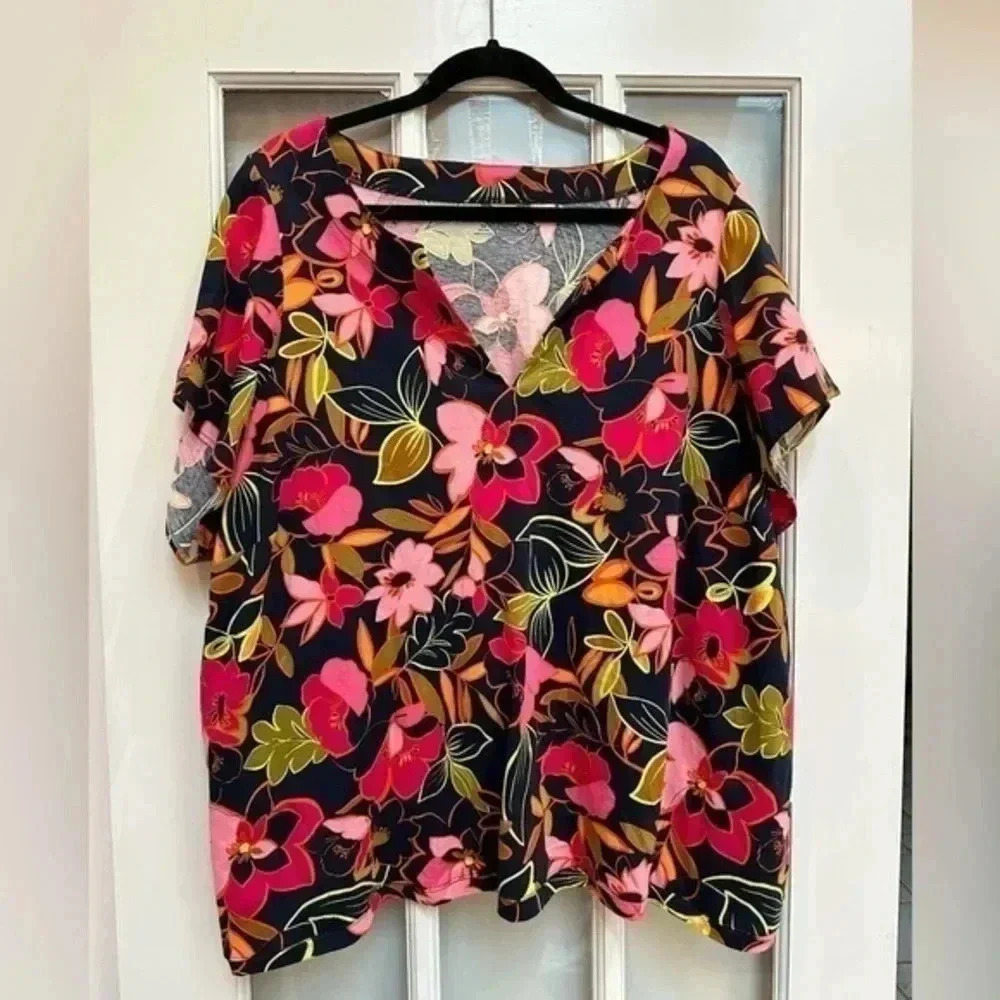 Lands End Tropical Navy Floral Print Short Sleeve Tunic Plus Size 3XL  24W 26W